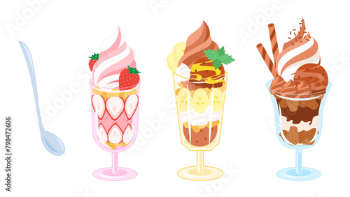 パフェ3種類とパフェスプーン。フラットなベクターイラストセット。
Three types of parfait and parfait spoons. Flat vector illustration set. photo