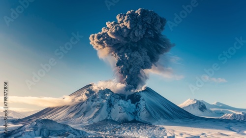 Spectacular Volcanic Eruption in Kamchatka Peninsula, Russia: Lava Fountains and Ash Column Against Clear Blue Sky