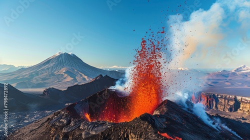 Spectacular Volcanic Eruption in Kamchatka Peninsula, Russia: Lava Fountains and Ash Column Against Clear Blue Sky photo