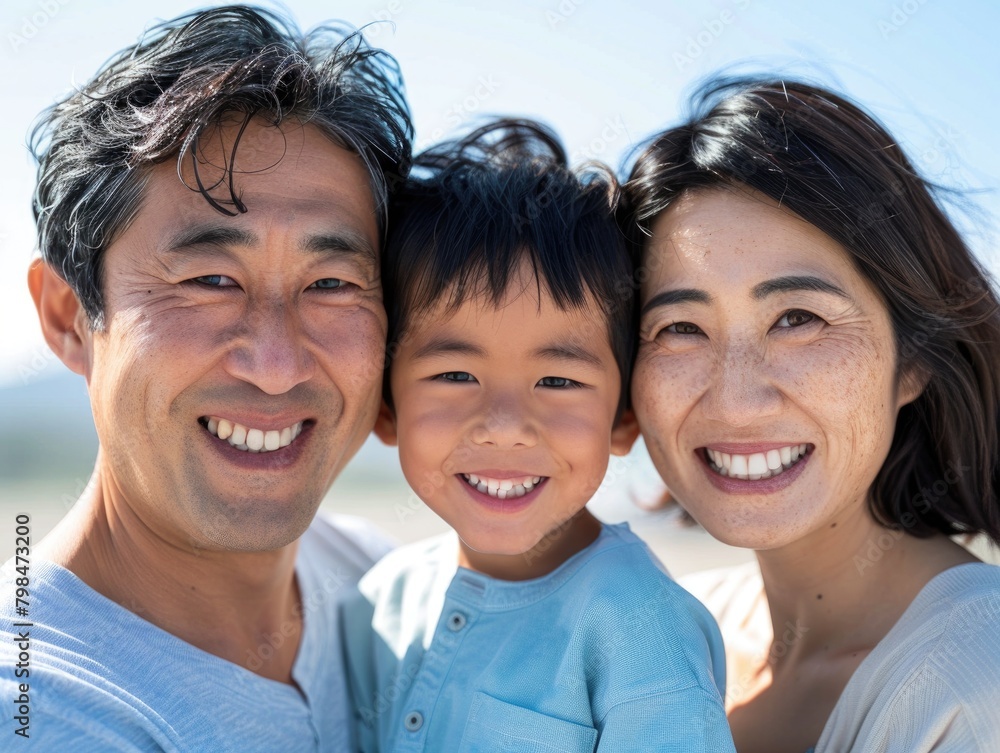 A happy family of three, outdoor travel group photo A happy family of three, outdoor travel group photo