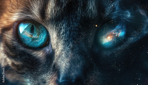 Extreme close-up of cat's eye, reflecting galaxy. photo