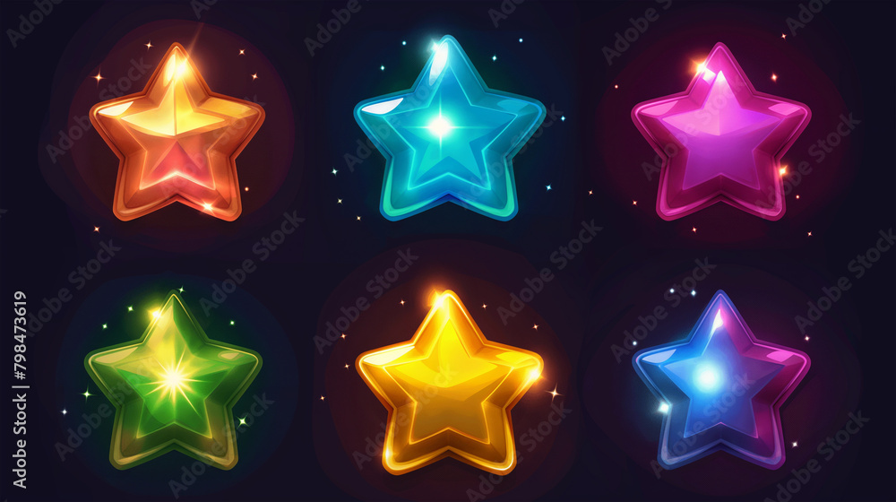Set of colorful star isolation on dark background, game icons set, Illustration Set of colorful star isolation on dark background, game icons set, Illustration