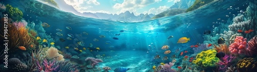 Colorful underwater map with vibrant reefs, sandy beaches, and diverse marine life under a sunny sky, surrounded by clear blue waves