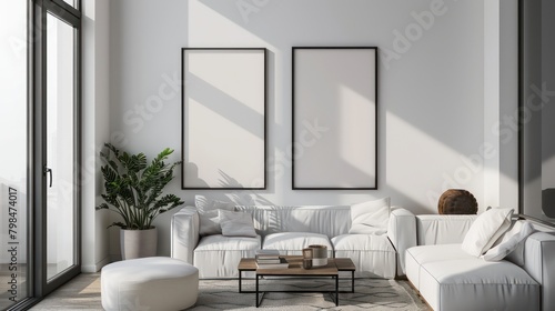 Interior view of the living room of a modern minimalist Scandinavian house, with comfortable sofa chairs, poster decorations on the white wall and minimalist interior plants.