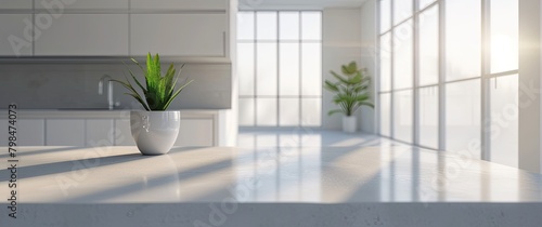 Interior table in full white with a touch of greenery on top.         This minimalist design adds a fresh and vibrant element to any space  bringing a hint of nature indoors. Perfect for modern and airy