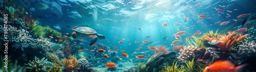 Colorful coral reef teeming with fish in the warm waters of the Red Sea, amidst a vibrant underwater ecosystem