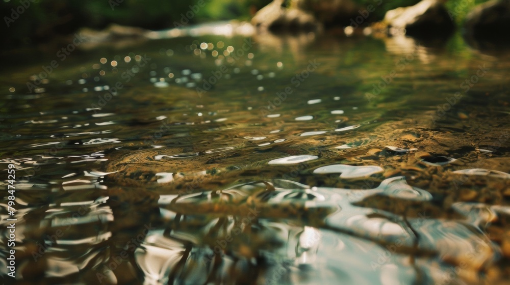 A stream of water flows through the rocky terrain with trees in the background. The water cascades over the rocks, creating a gentle yet continuous movement. The trees stand tall, providing a backdrop A stream of water flows through the rocky terrain with trees in the background. The water cascades over the rocks, creating a gentle yet continuous movement. The trees stand tall, providing a backdrop