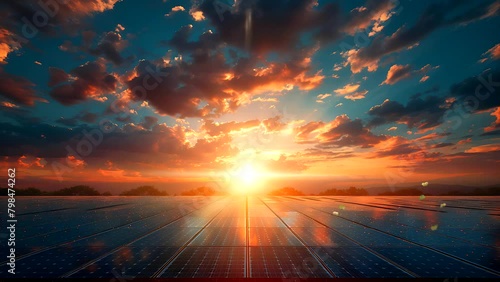 Beautiful sunrise on the horizon with solar panel. Seamless looping 4k time-lapse video animation background photo