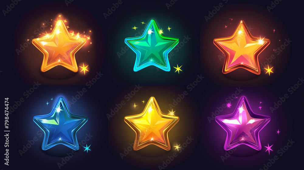 Set of colorful star isolation on dark background, game icons set, Illustration Set of colorful star isolation on dark background, game icons set, Illustration