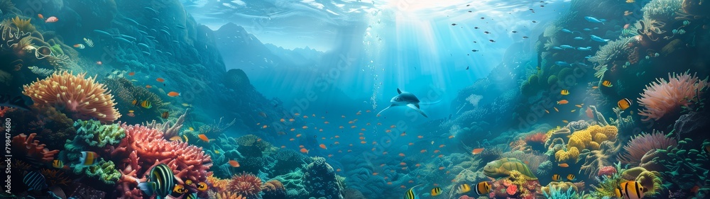 Obraz premium Underwater world with colorful fish, reefs, and clear blue waters under the sun, creating a serene marine environment