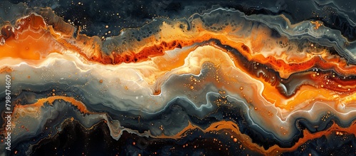 Vibrant orange and black fluid paint swirling together against a dark black background, creating a mesmerizing abstract painting