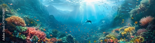 Underwater world with colorful fish, reefs, and clear blue waters under the sun, creating a serene marine environment photo