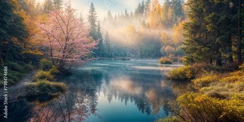 Landscape of a quiet forest with a river very early in the morning