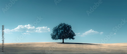 An atmospheric landscape portraying a lone tree silhouetted against a minimalist sky, with a subtle color gradient and delicate cloud formations