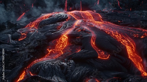 A raging lava flow cuts through the rocky terrain of a mountain, showcasing the powerful force of nature in action. The molten lava creates a stark contrast against the rugged landscape.