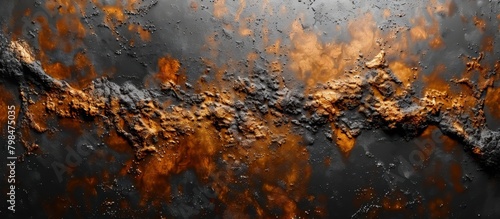 Close-up view of a weathered metal surface covered in rust against a dark black background, emphasizing the durability of the material photo