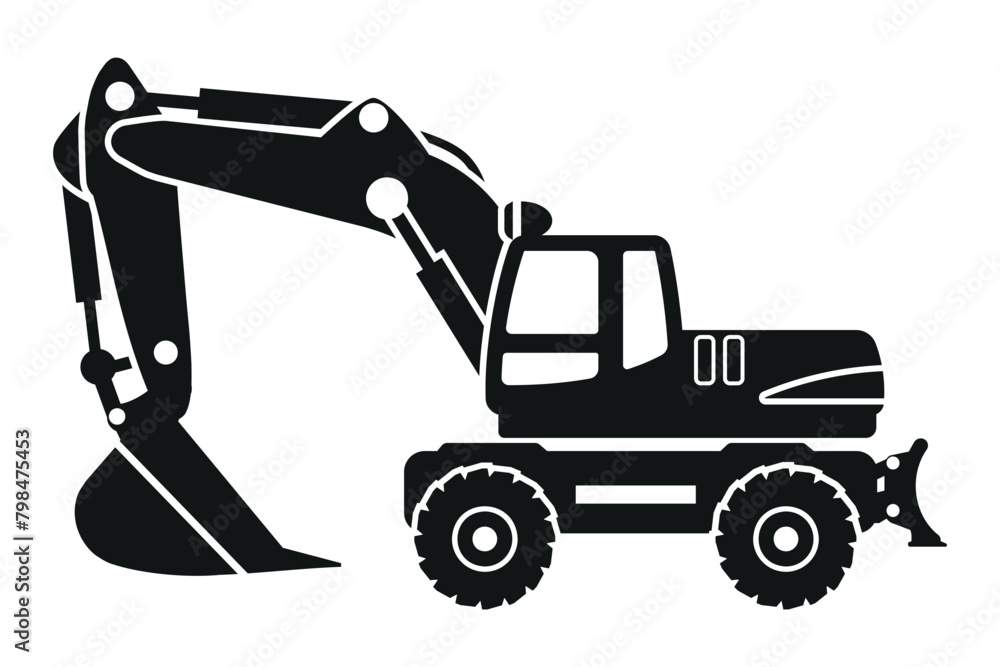 Cartoon wheel excavator silhouettes. Heavy machinery for construction and mining Cartoon wheel excavator silhouettes. Heavy machinery for construction and mining