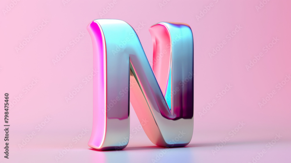 A holographic 3D letter N shines with a spectrum of iridescent colors against a soft pink gradient background. A holographic 3D letter N shines with a spectrum of iridescent colors against a soft pink gradient background.