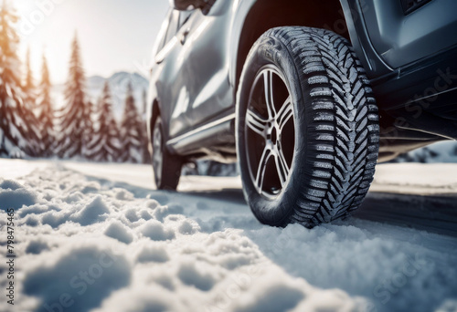 Tires tire car highway Space text snowy spring Winter snow close road SUV ski travel concept detail view holidays resort Winter family