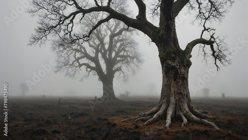 An old oak with a split trunk  looking like a mouth agape  in a desolate  fog-covered landscape ai_generated