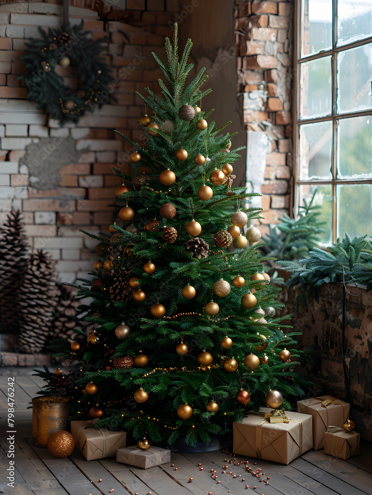 a christmas tree with branches decorated with the background