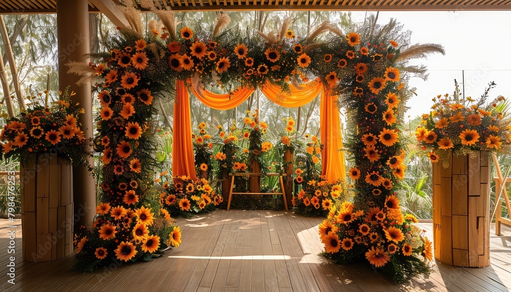 Sunflower Wedding Decor, Vibrant sunflowers used as  elements, adding a cheerful and rustic touch to wedding ceremonies and receptions