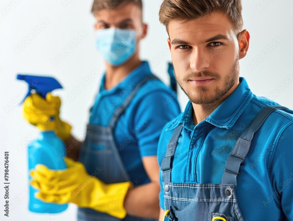 Holding cleaning tools in hand, portraits of three male cleaners Holding cleaning tools in hand, portraits of three male cleaners