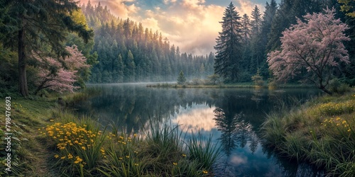 Landscape of a quiet forest with a river very early in the morning at dawn