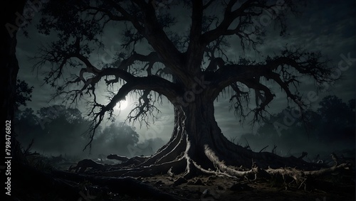 A decrepit tree with a thick trunk and sprawling roots, casting terrifying shadows in the moonlight ai_generated
