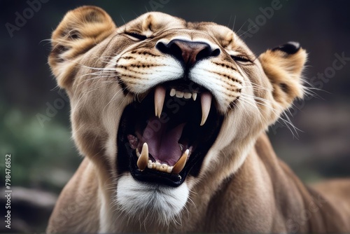 'teeth splaying dangerous lioness lion portrait growl roar open mouth display fierce wide big felino female rain raindrop eye side view backlight strong africa african animal carnivore cat ferocious'