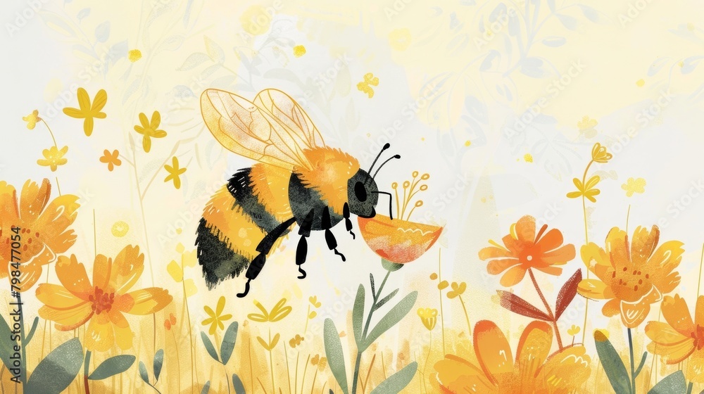 Illustration of a bee collecting nectar with the words Bee the Change Join us for an Environmental Event to Protect our Pollinators.. Illustration of a bee collecting nectar with the words Bee the Change Join us for an Environmental Event to Protect our Pollinators..