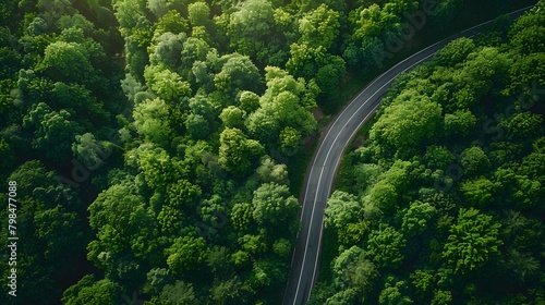 Aerial view of a winding road through a green forest captured with drone photography with vibrant colors of the natural landscape. For Design, Background, Cover, Poster, Banner, PPT, KV design, Wallpa © horizon