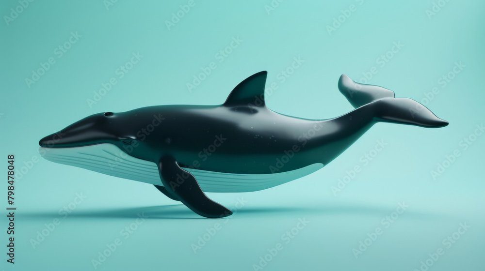 Fototapeta premium A glossy black humpback whale in an artistic digital representation, set against a soothing turquoise backdrop.