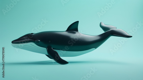 A glossy black humpback whale in an artistic digital representation, set against a soothing turquoise backdrop.