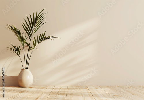 Beige wall mockup with wooden floor and plant