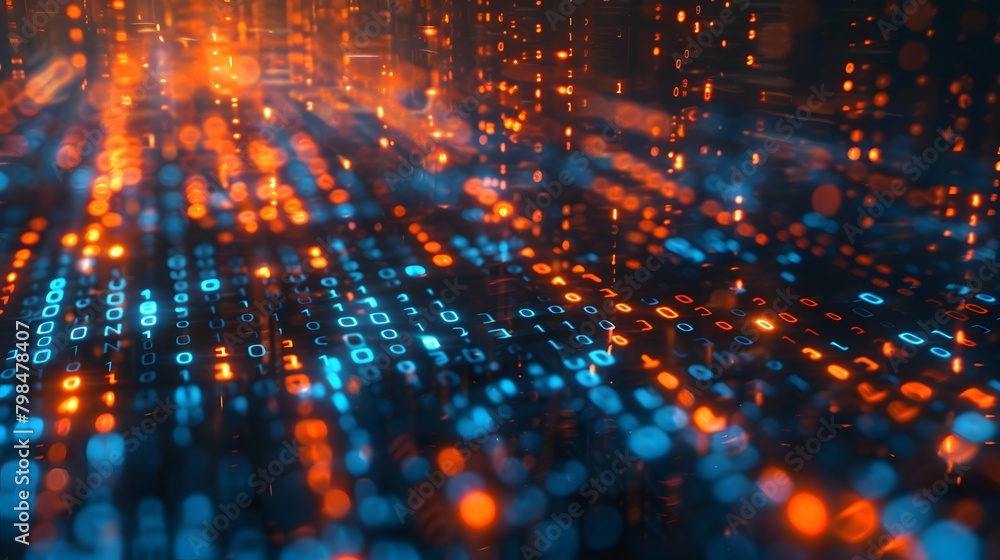 Digital data technology background with binary code, closeup view, bokeh effect, blue and orange tones, dark atmosphere. For Design, Background, Cover, Poster, Banner, PPT, KV design, Wallpaper Digital data technology background with binary code, closeup view, bokeh effect, blue and orange tones, dark atmosphere. For Design, Background, Cover, Poster, Banner, PPT, KV design, Wallpaper