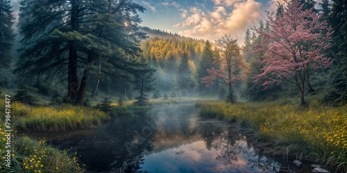 Landscape of a quiet forest with a mirror river very early in the morning at dawn