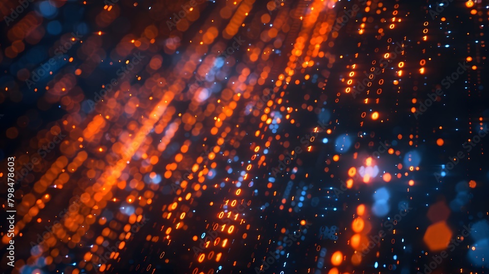 Digital data technology background with binary code, closeup view, bokeh effect, blue and orange tones, dark atmosphere. For Design, Background, Cover, Poster, Banner, PPT, KV design, Wallpaper Digital data technology background with binary code, closeup view, bokeh effect, blue and orange tones, dark atmosphere. For Design, Background, Cover, Poster, Banner, PPT, KV design, Wallpaper