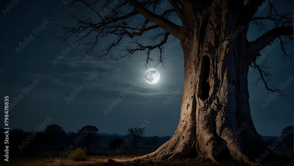 An ancient tree with a hollow, dark opening, its bark resembling the face of a ghost, under a full moon ai_generated An ancient tree with a hollow, dark opening, its bark resembling the face of a ghost, under a full moon ai_generated