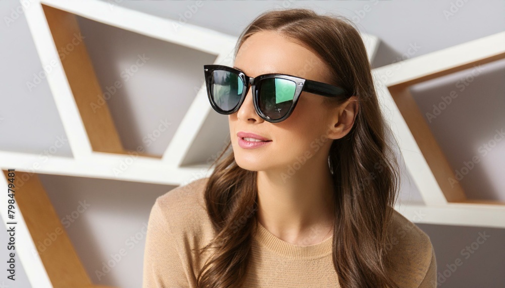 Stylish sunglasses near geometric shapes Stylish sunglasses near geometric shapes