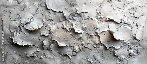 White paint is peeling off a surface revealing the worn-out wall underneath in a close-up shot photo