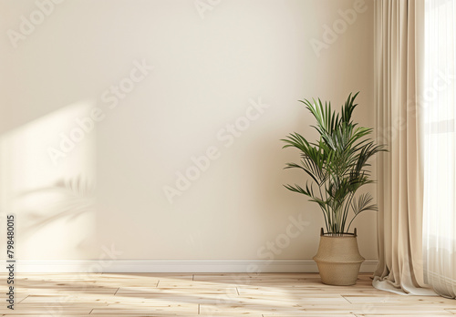 Beige wall mockup with wooden floor and plant