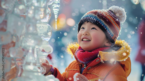 A small child plays happily amidst the Harbin Ice and Snow festival, AI generated Images photo