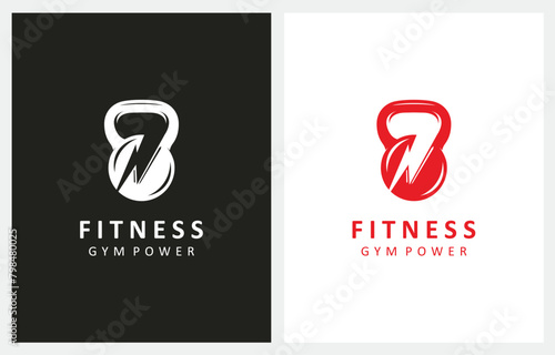 Gym Fitness Kettle Bell and Thunder Power Bodybuilding Club logo design icon vector