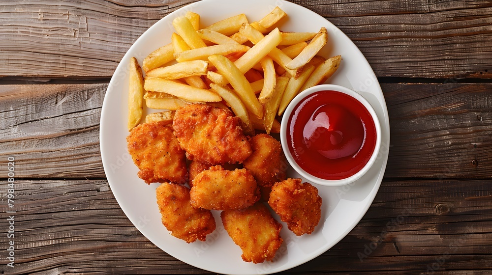 Fried chicken nuggets with ketchup and fries on a white plate over a wooden background Fried chicken nuggets with ketchup and fries on a white plate over a wooden background