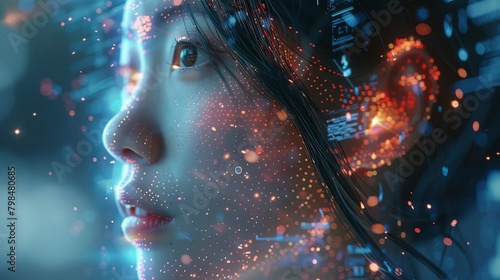 Enthralling visual of a human and AI interface, showcasing a blend of human cognition and artificial intelligence, deep focus photo