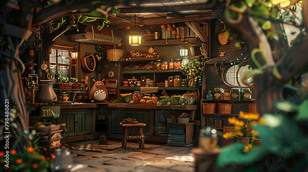 An animated scene of a general store in a miniature forest. Interior features handcrafted wooden furnishings and a variety of quaint goods, bathed in the glow of a spring afternoon.