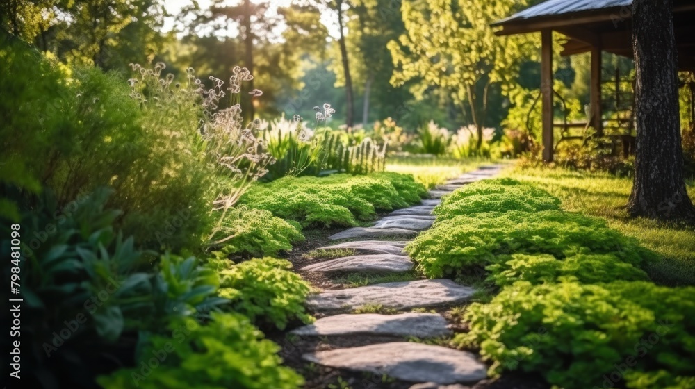 Naklejka premium Landscape of concrete road with green plants and colorful flowers in the garden.AI generated image