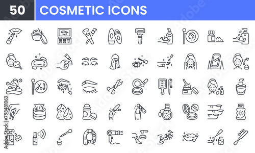 Cosmetic and beauty vector line icon set. Contain linear outline icons like makeup, skincare, lipstick, deodorant, lotion, salon, shampoo, perfume, soap, mascara, manicure. Editable use and stroke.