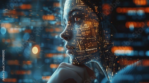 Close-up of a philosopher contemplating artificial intelligence ethics, set against a backdrop of books and digital screens, meticulously detailed photo